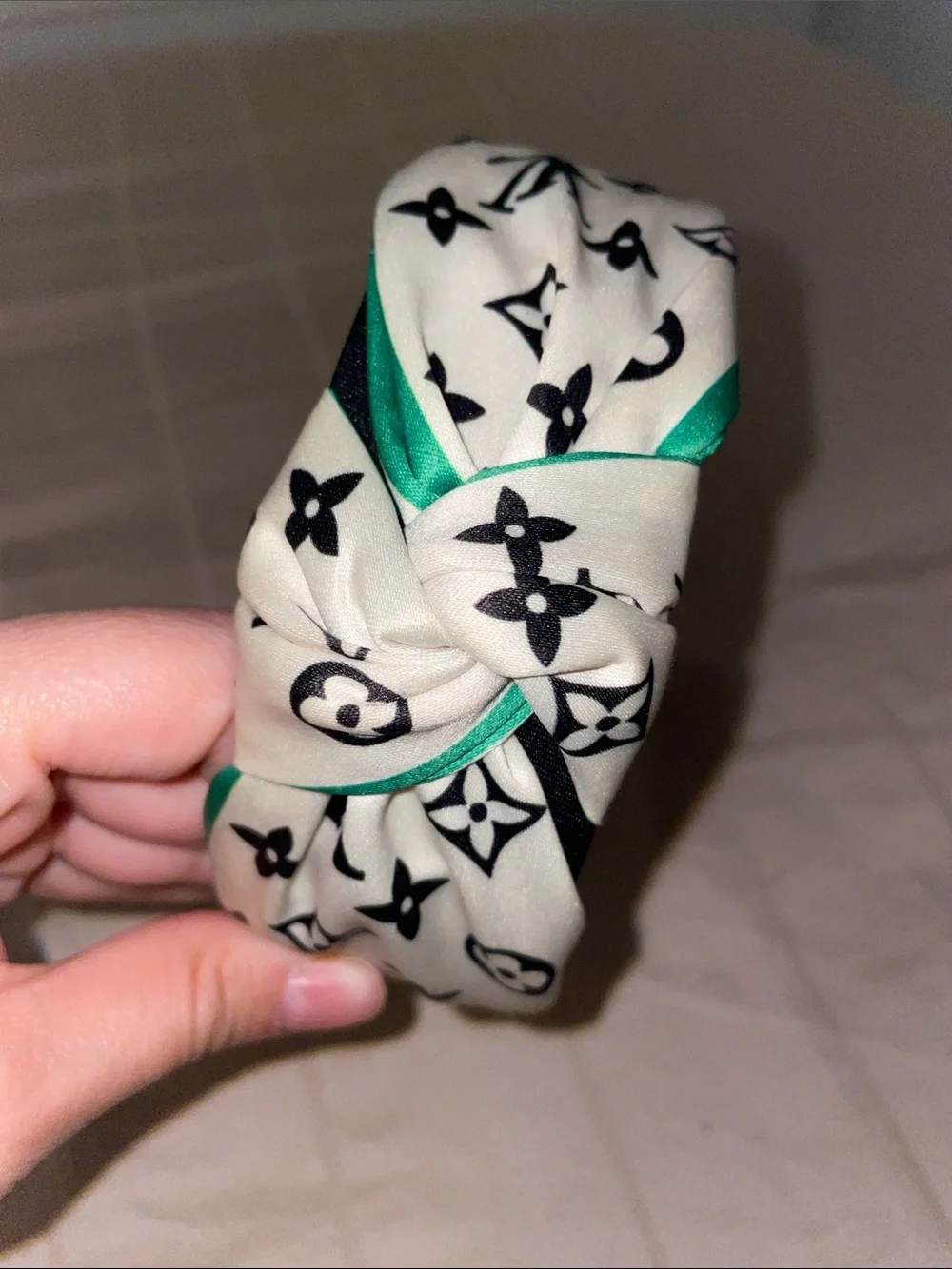 Designer-Style White and Green Patterned Knotted Headband